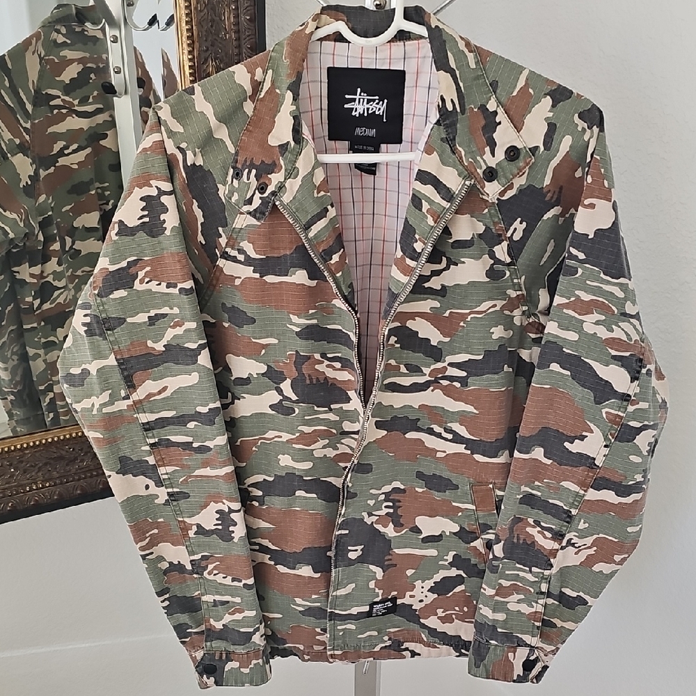 Stussy Mens Y2K Vintage Long Sleeve Camouflage Military Jacket Faded - Medium